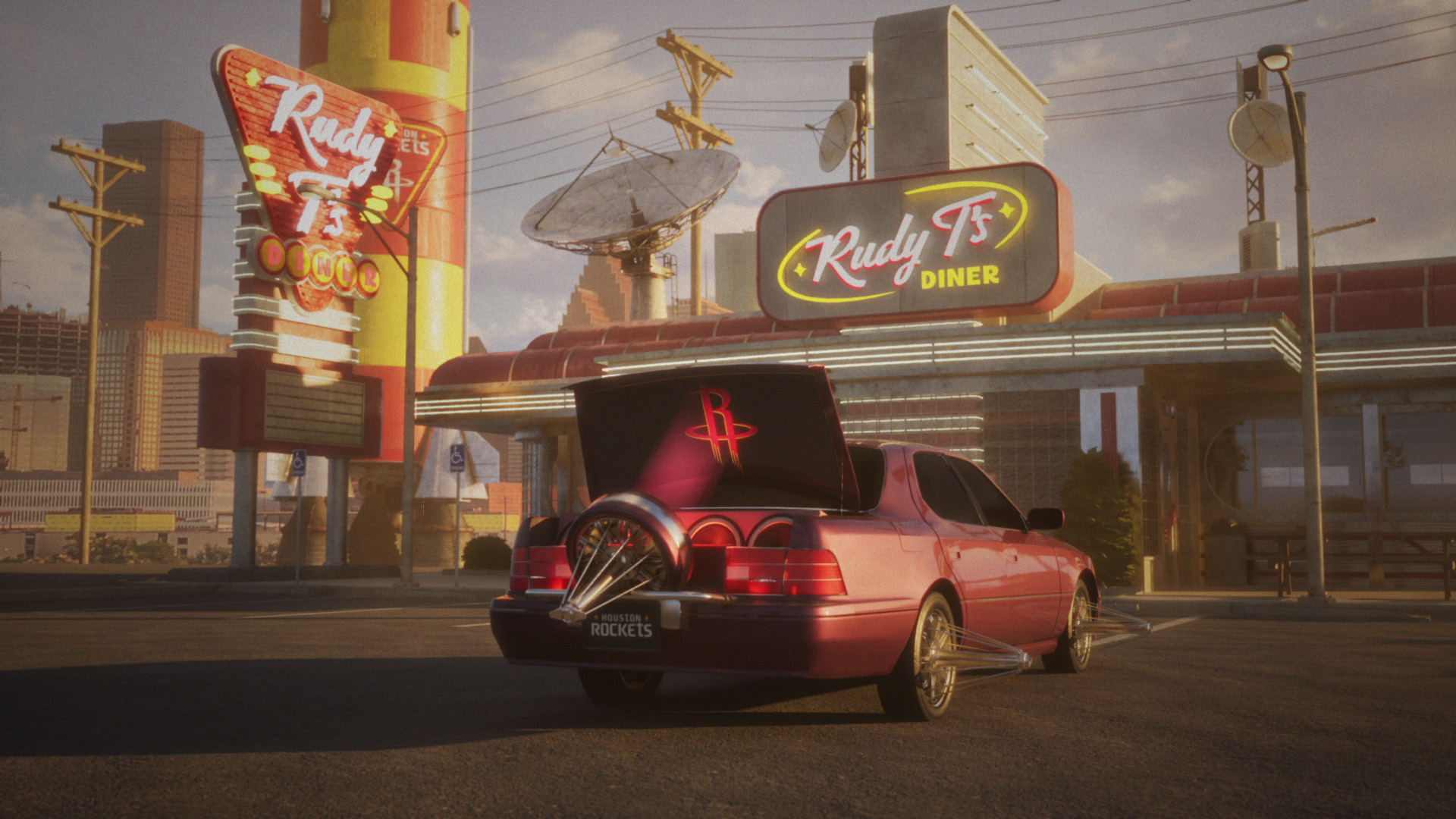 A customized red Houston Rockets car with extended wire-spoke wheels and an open trunk displaying the team logo sits outside Rudy T’s Diner at golden hour. Retro neon signs, large satellite dishes, utility poles, and the Houston skyline create a nostalgic, futuristic setting.