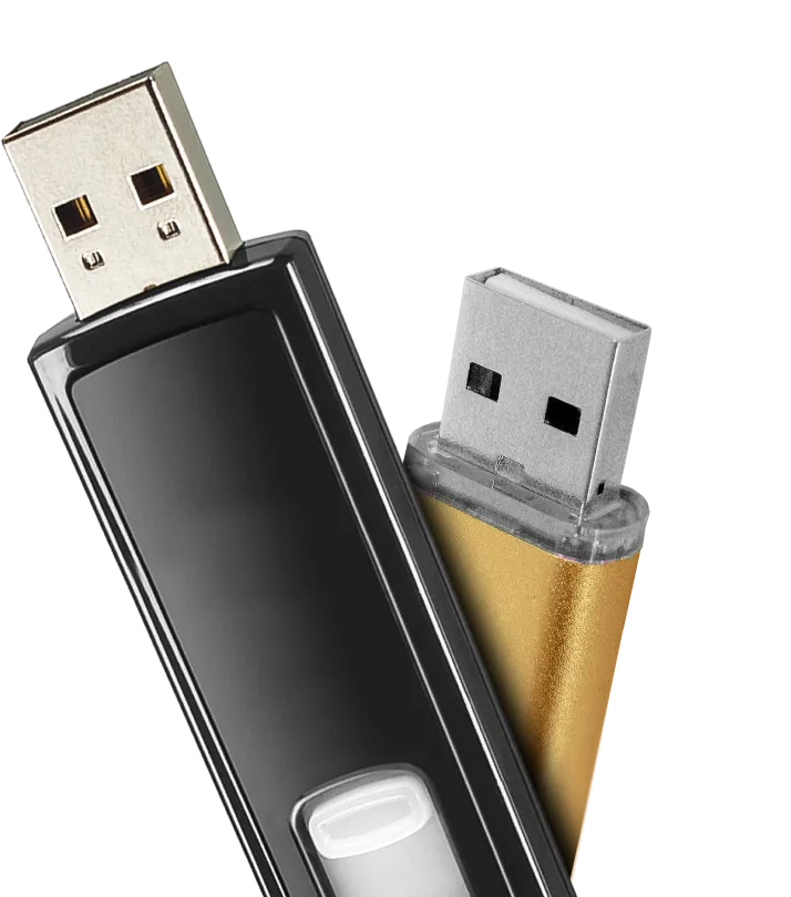 A black USB flash drive with a gold USB plug.