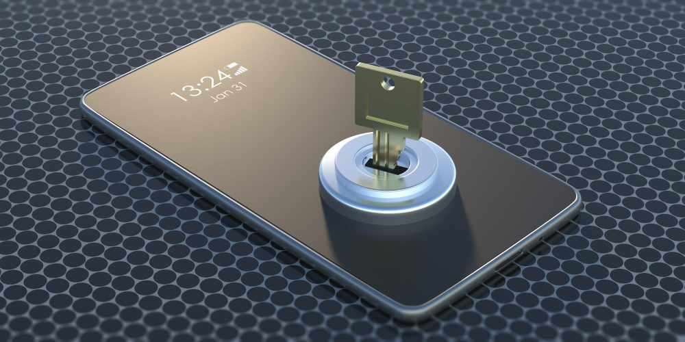 A smartphone lying on a textured surface with a large metal key inserted into a keyhole on its screen, symbolizing data security or unlocking digital access.