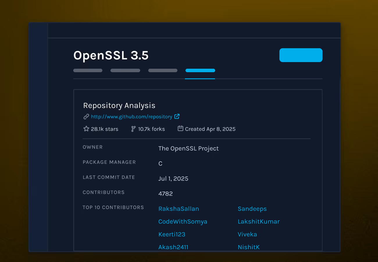 Manifest UI showing the OpenSSL 3.5 software card.
