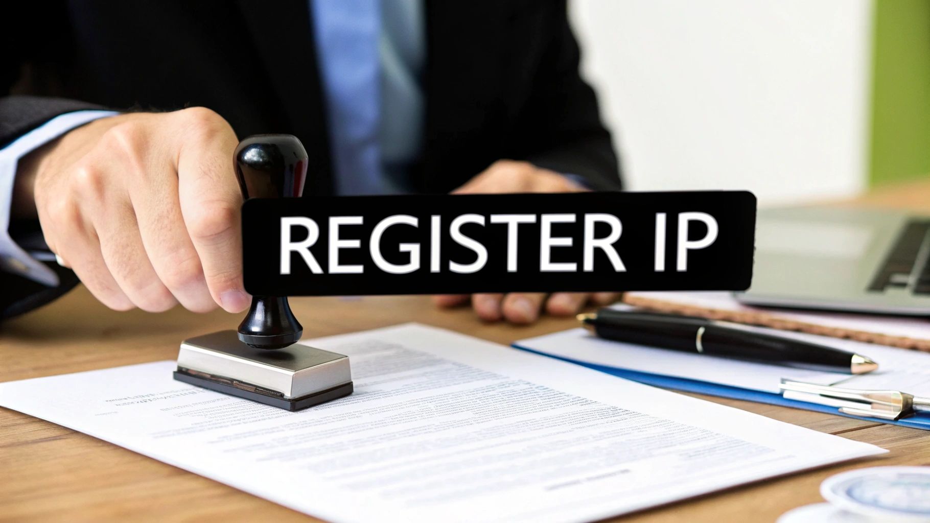 Scientist in a lab looking at a patent application for an invention