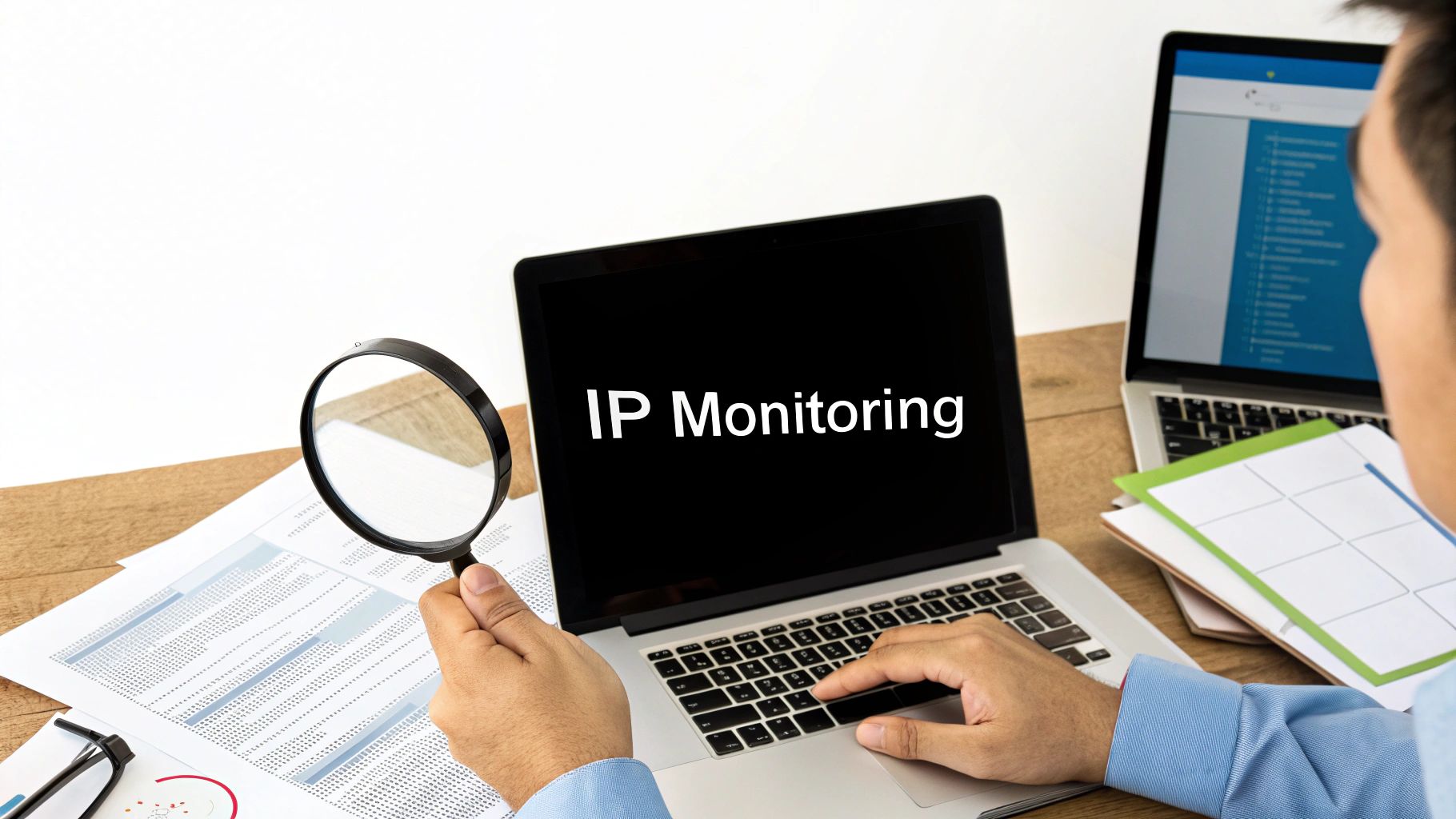 A business owner reviewing branding materials and a trademark logo design