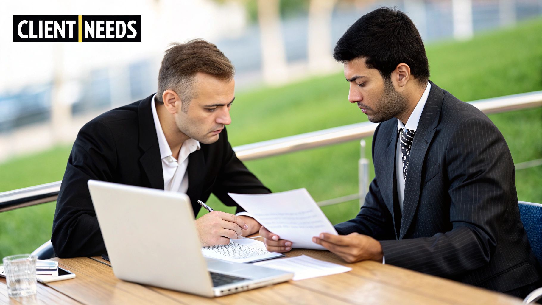 A team of designers collaborating around a table, looking concerned while reviewing project documents.