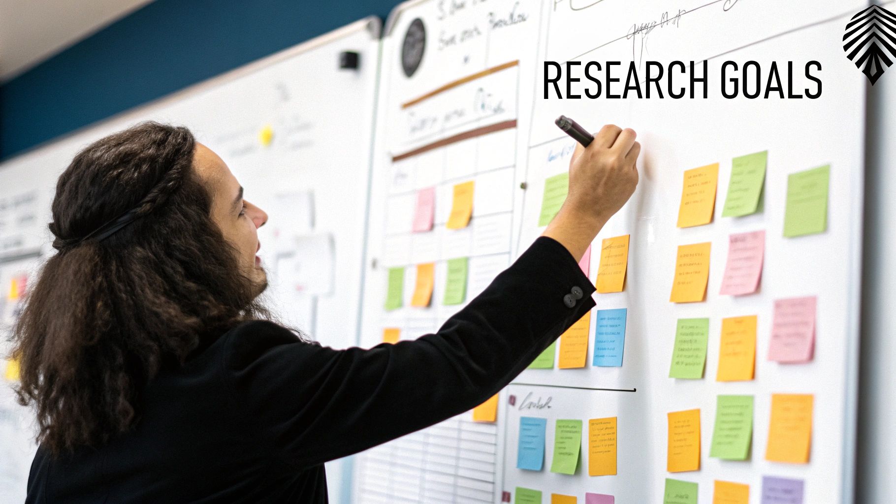 A group of researchers collaborating around a whiteboard filled with sticky notes, mapping out user research findings.