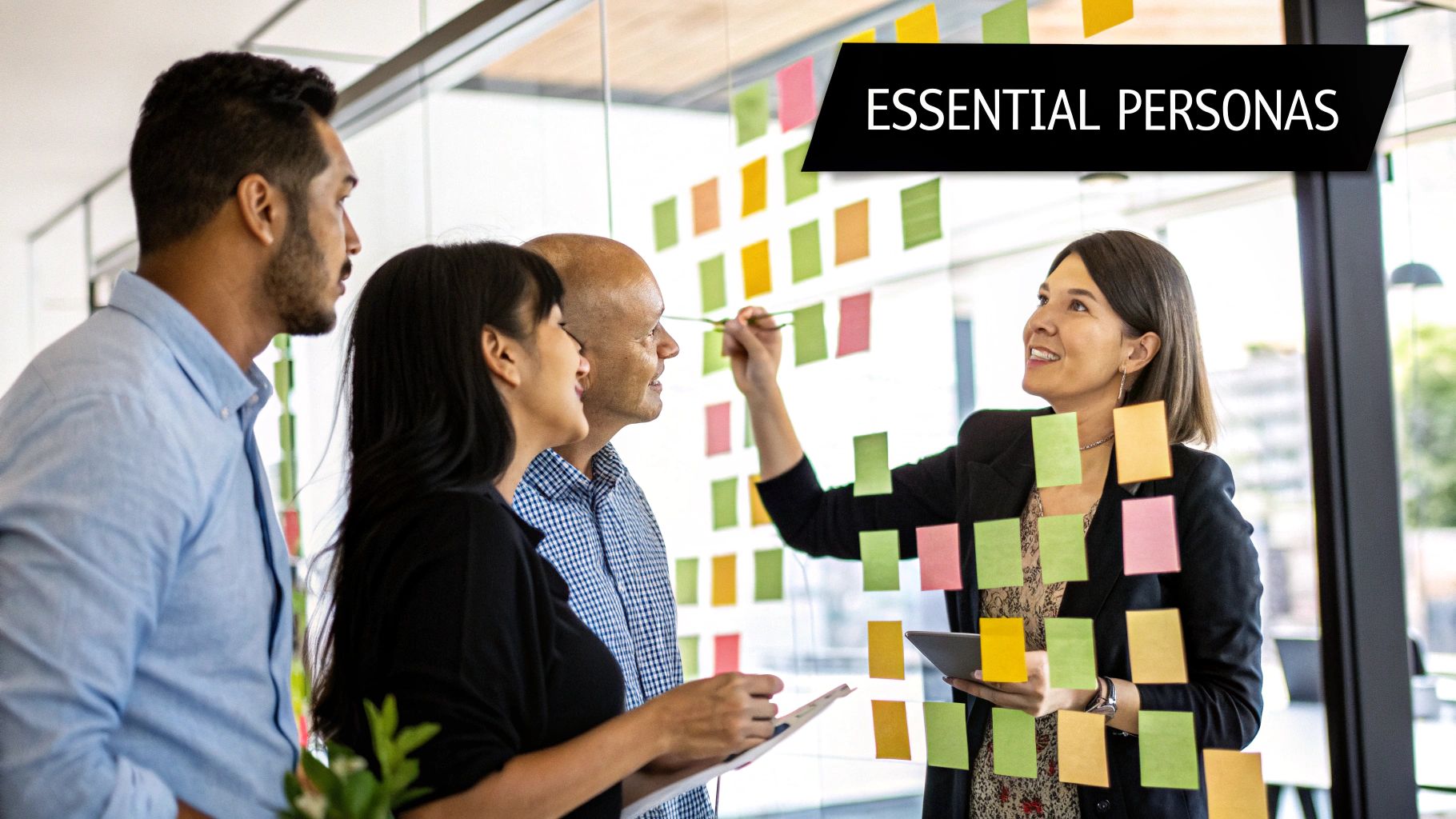 A team collaborating on a buyer persona profile on a whiteboard