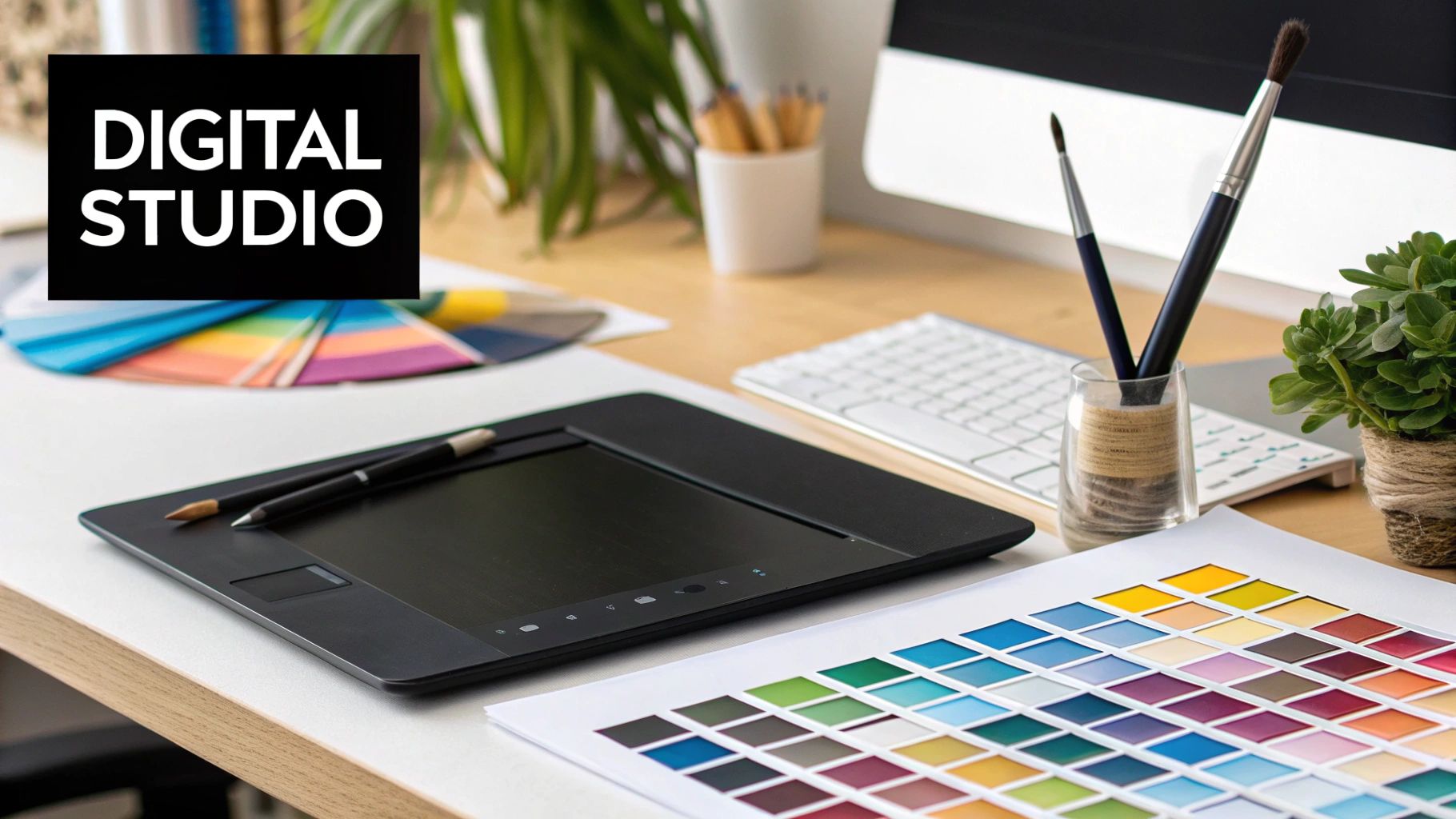 A designer working on a tablet with graphic design software.