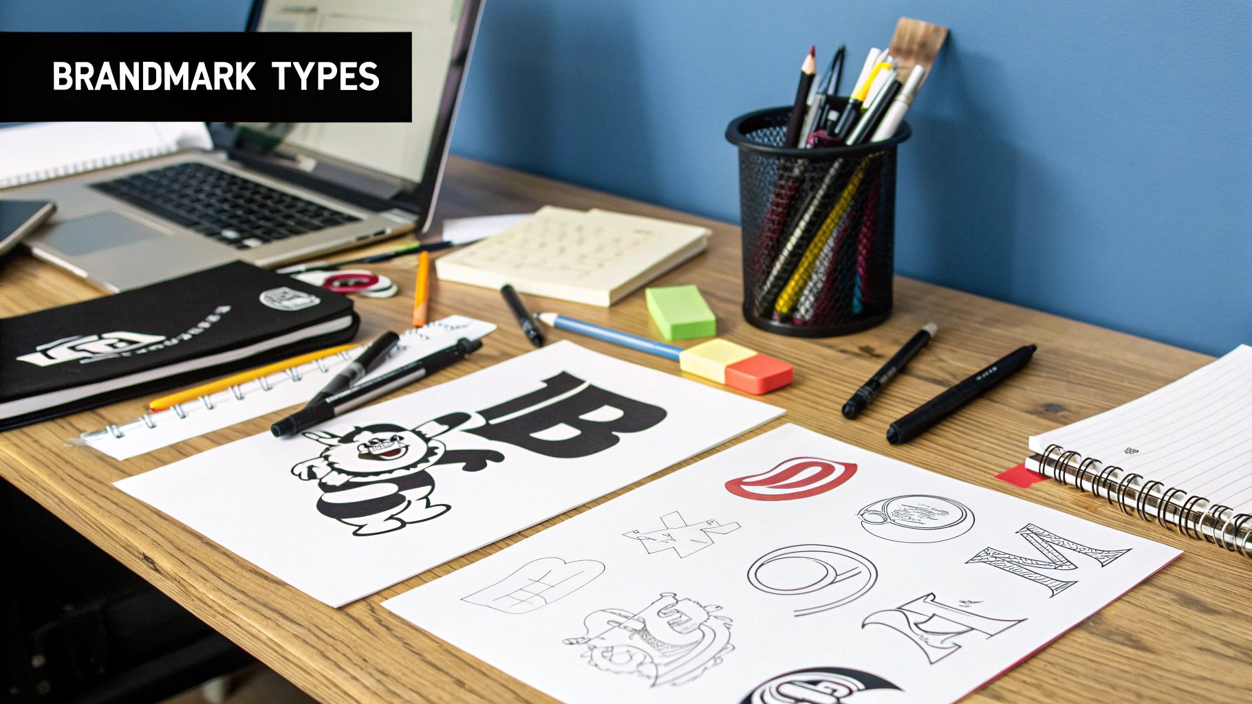 A collage of different brandmark types, showing a pictorial mark, an abstract mark, and a mascot.