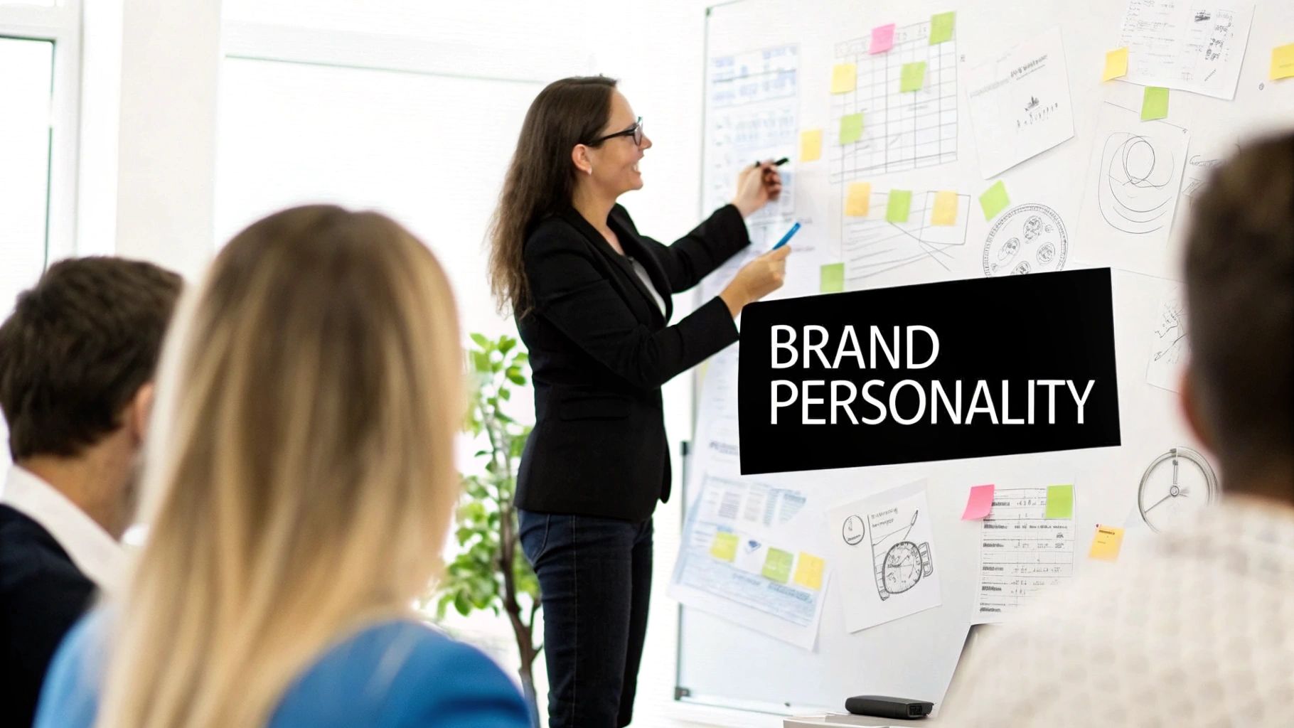 A person thinking about brand identity elements like logo, color, and voice.