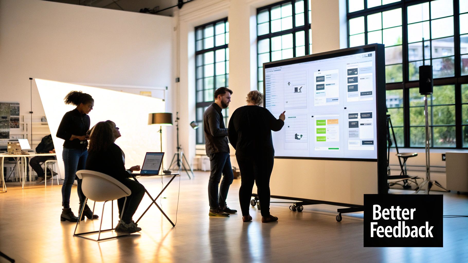 A diverse team of designers and stakeholders collaborating around a table, pointing at wireframes and designs on a laptop screen.