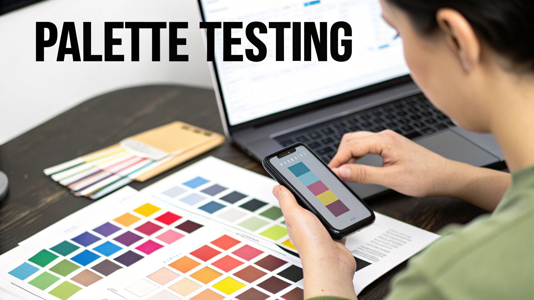 A designer reviewing a color palette on both a digital screen and printed paper samples.