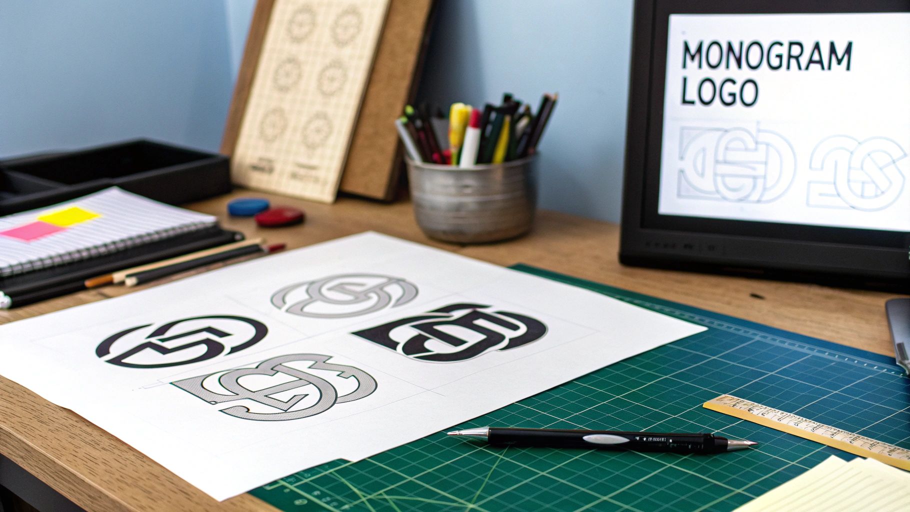 A stylish monogram logo featuring overlapping letters inside a circle.