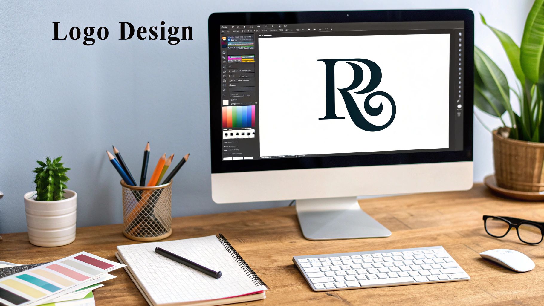 A sleek monogram logo design in progress on a designer's computer screen.