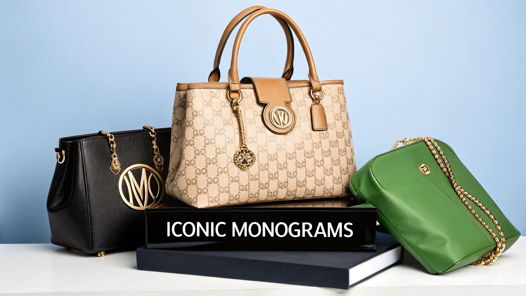An image collage of iconic monogram logos from famous luxury brands like Louis Vuitton and Chanel.