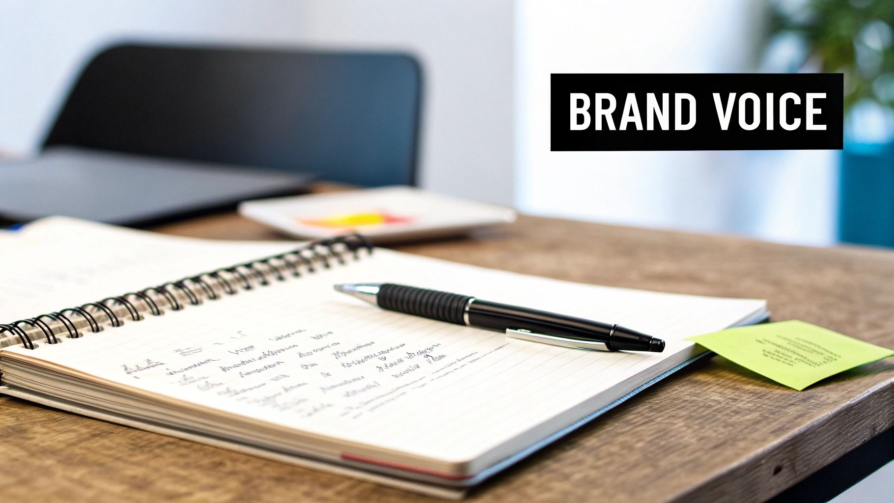 A collection of brand assets including a logo, color palette, and business cards arranged neatly on a table.