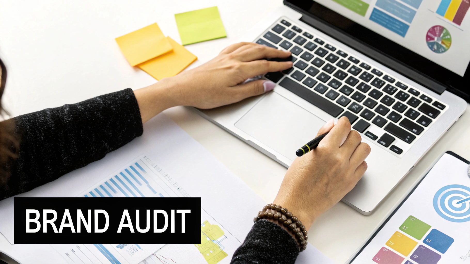 A team collaborating around a table with sticky notes and charts, defining a new brand strategy.