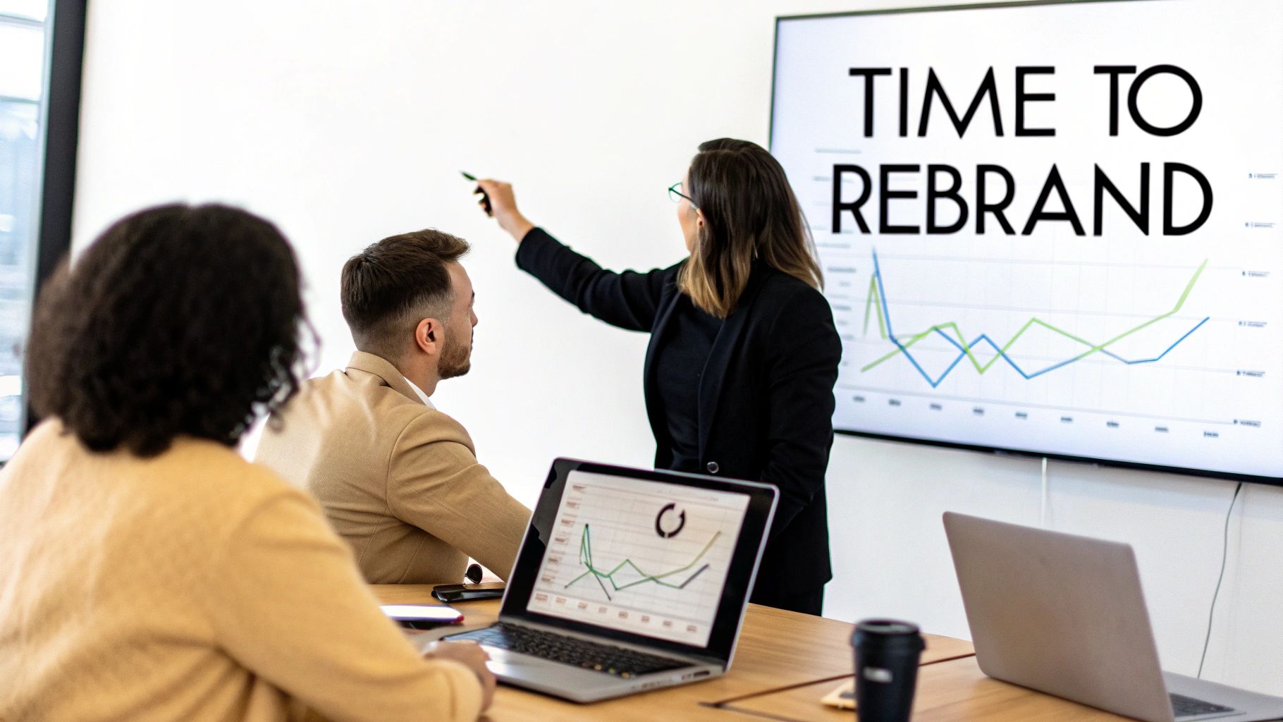 A group of professionals collaborating on a brand's visual identity with mood boards and color swatches.