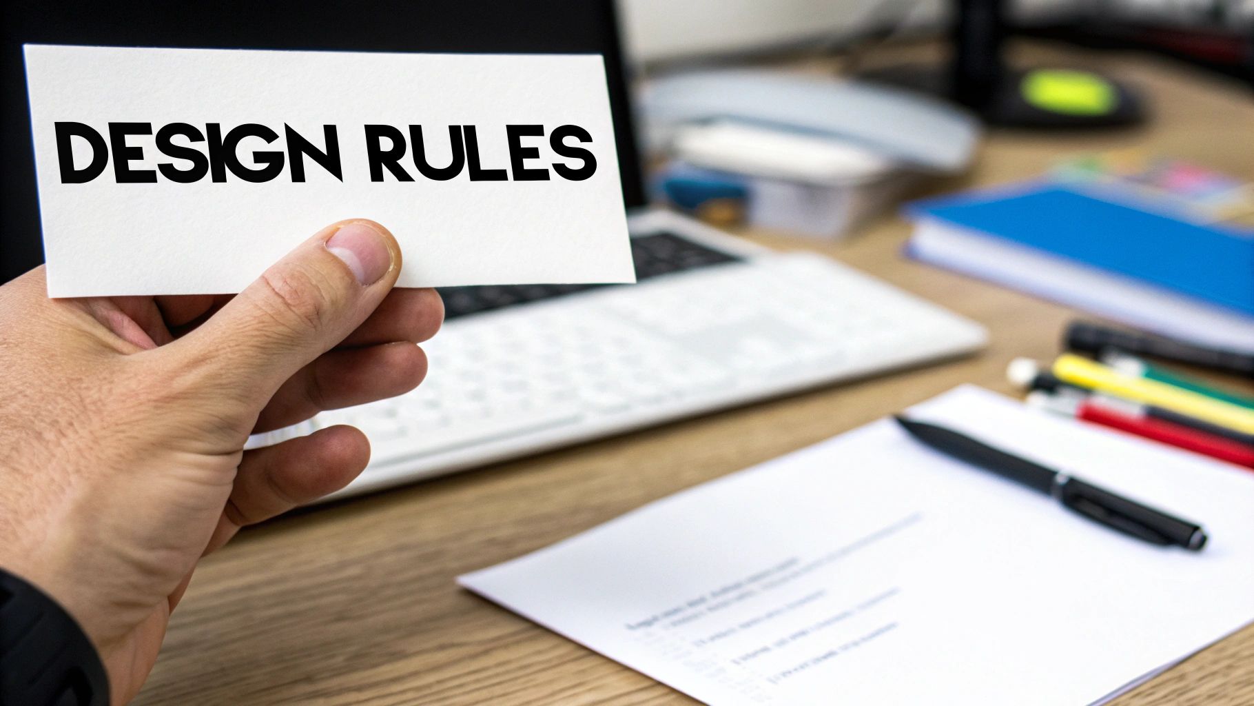 A close-up of a designer's desk with logo sketches and color palettes, illustrating the creative process.