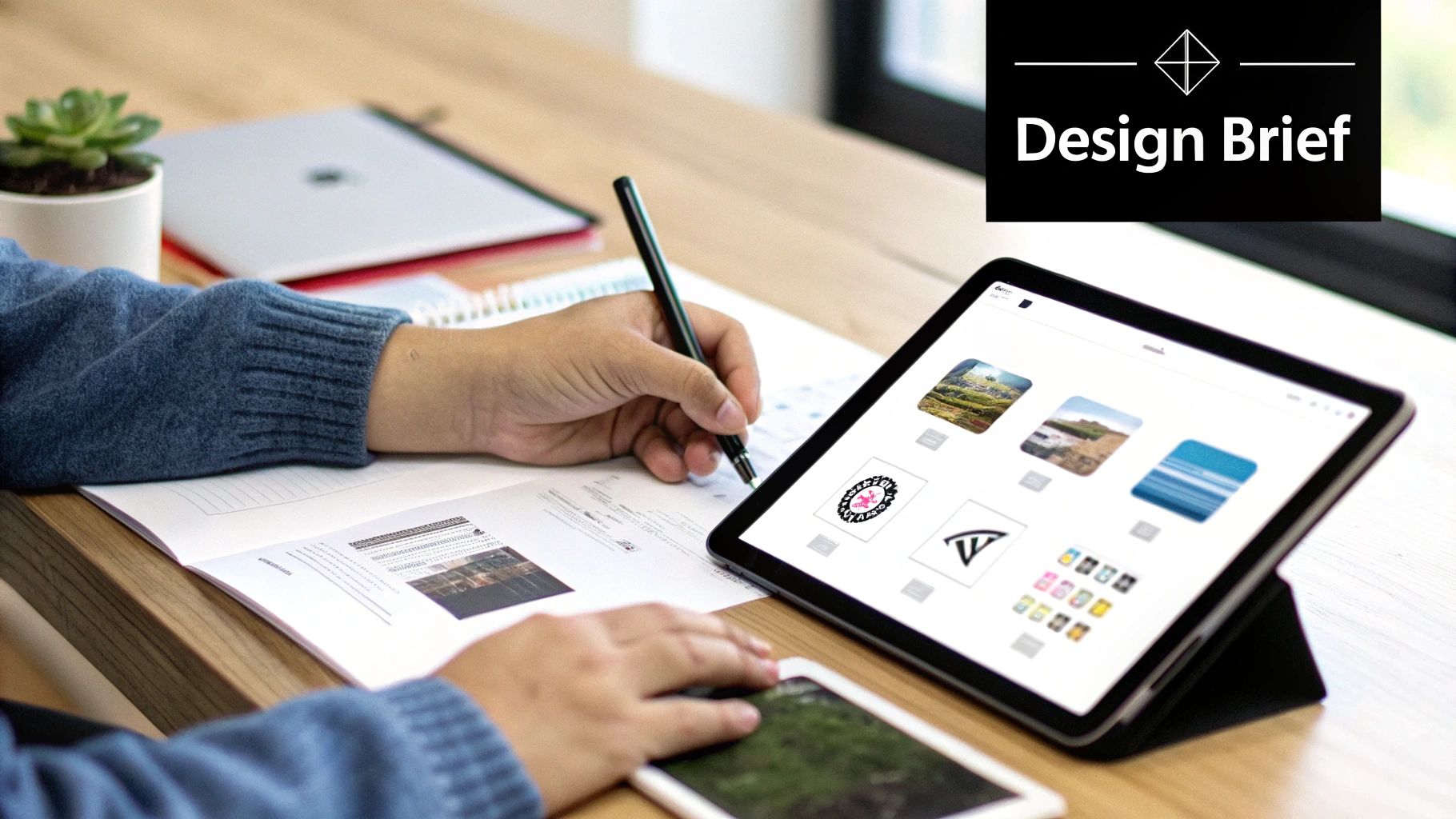 A desk with logo sketches and design tools laid out, showing the creative process.