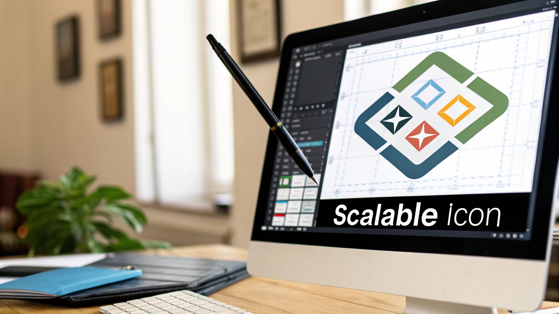 A designer using vector software to construct an icon with geometric shapes and a grid.