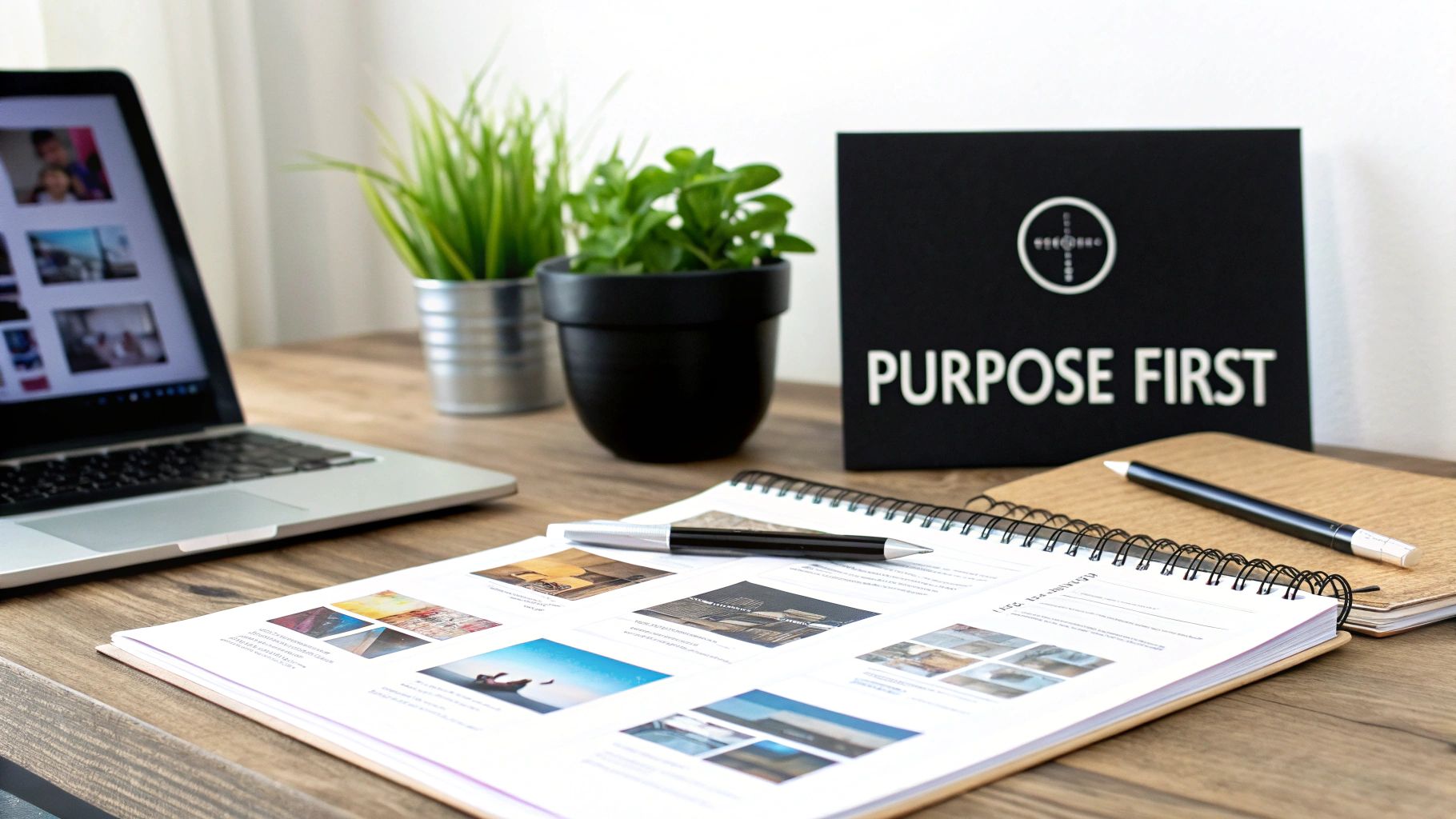 A designer's desk with icon sketches, a laptop, and creative tools.