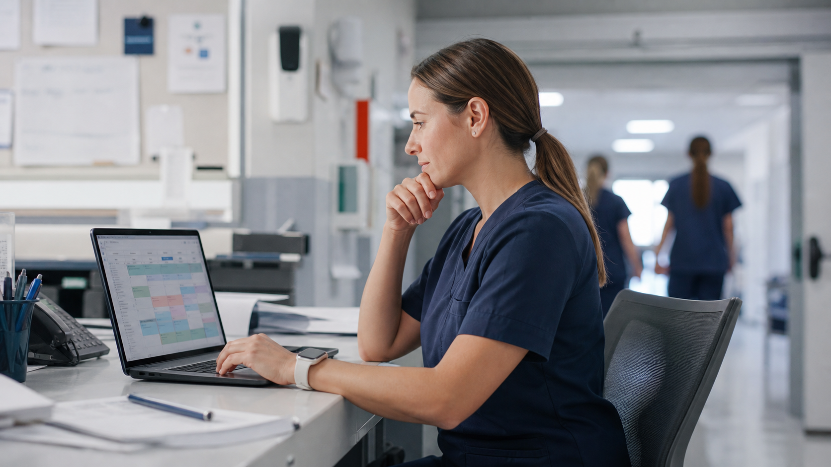 Healthcare scheduler planning coverage at a facility workstation.