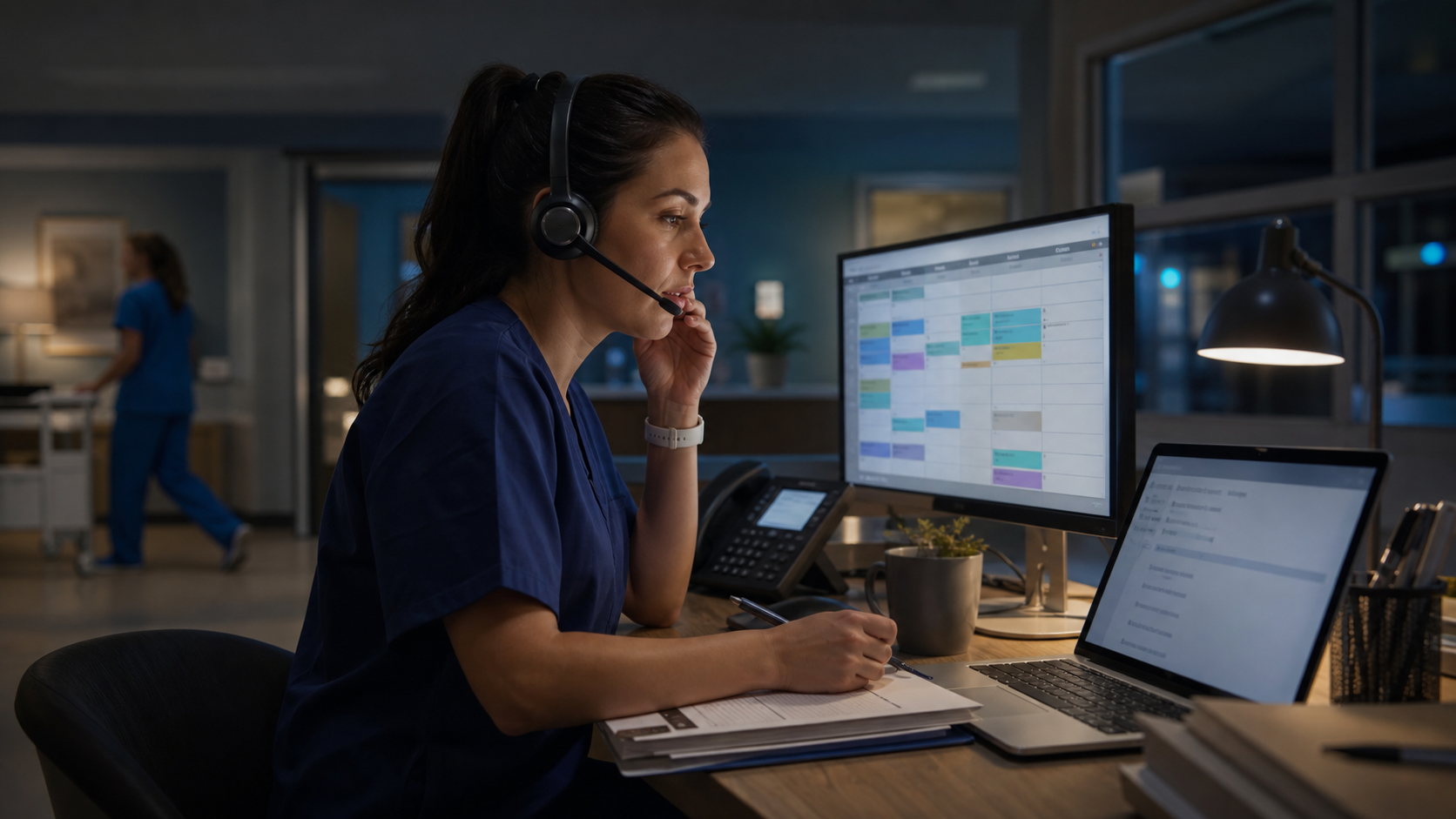 Facility scheduler reviewing a healthcare staffing schedule.