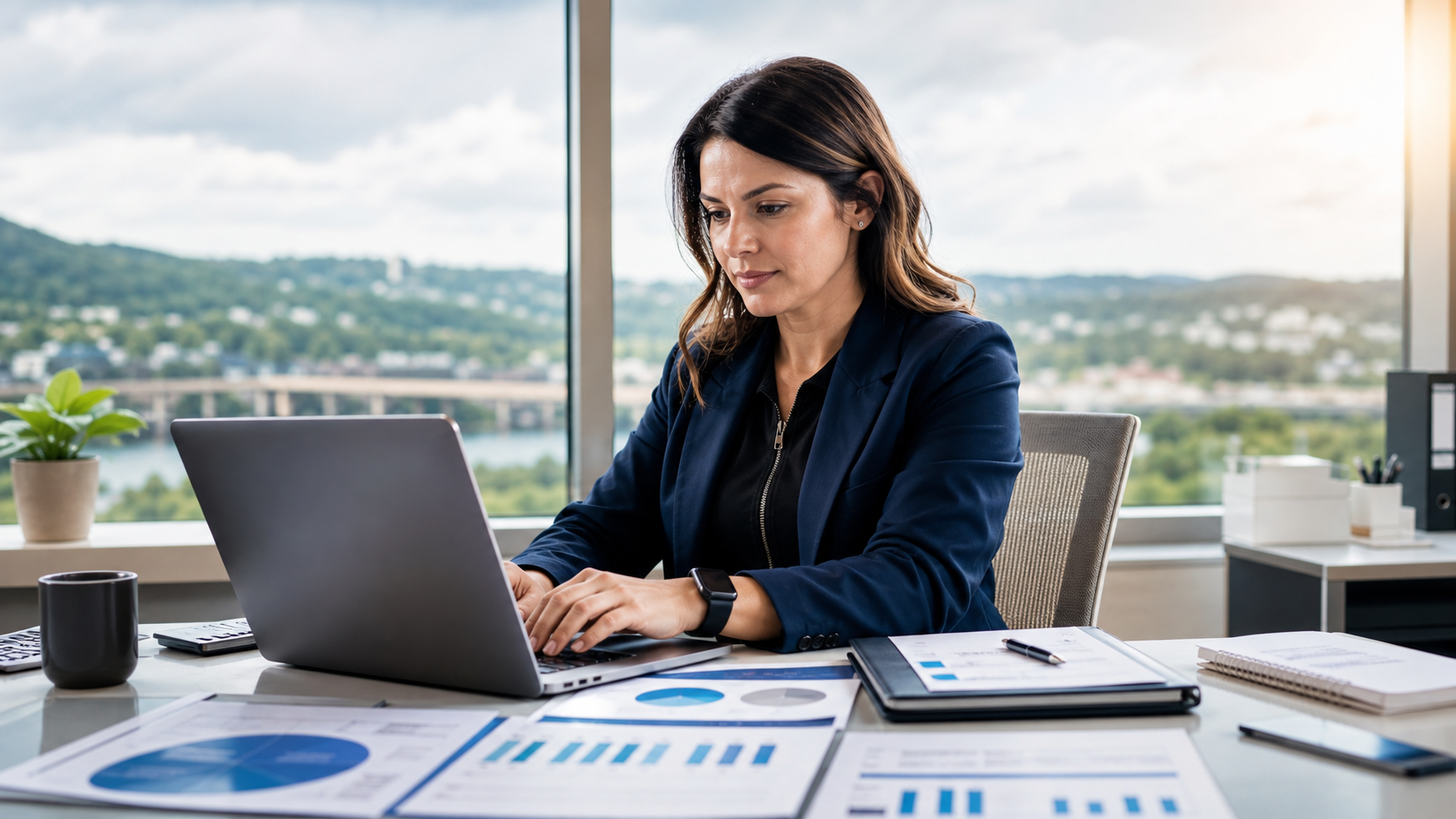 Staffing professional working with Southwestern Pennsylvania landscape visible behind her.