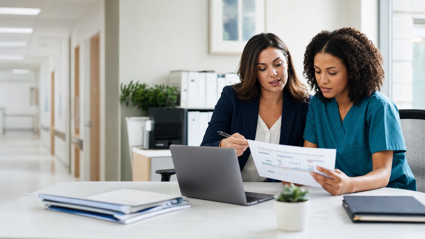 Nursing home administrator reviewing staffing records and a coverage schedule