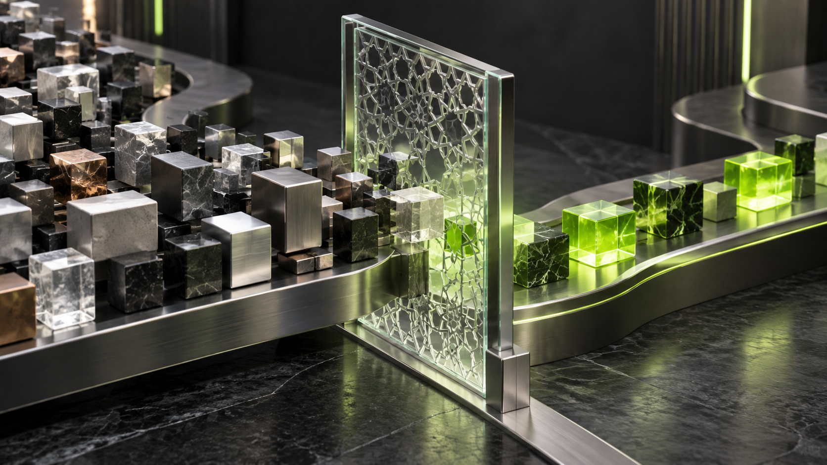 Abstract market holdings passing through a screening gateway into a smaller green portfolio