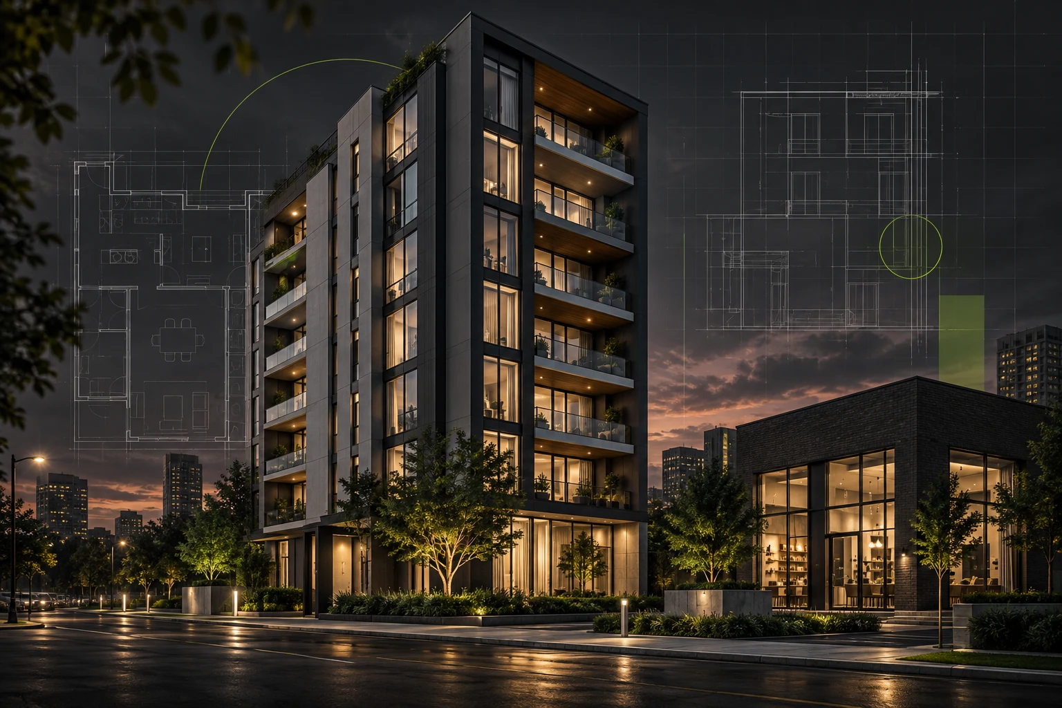 Modern apartment building at dusk with architectural plans, illustrating real estate investment due diligence
