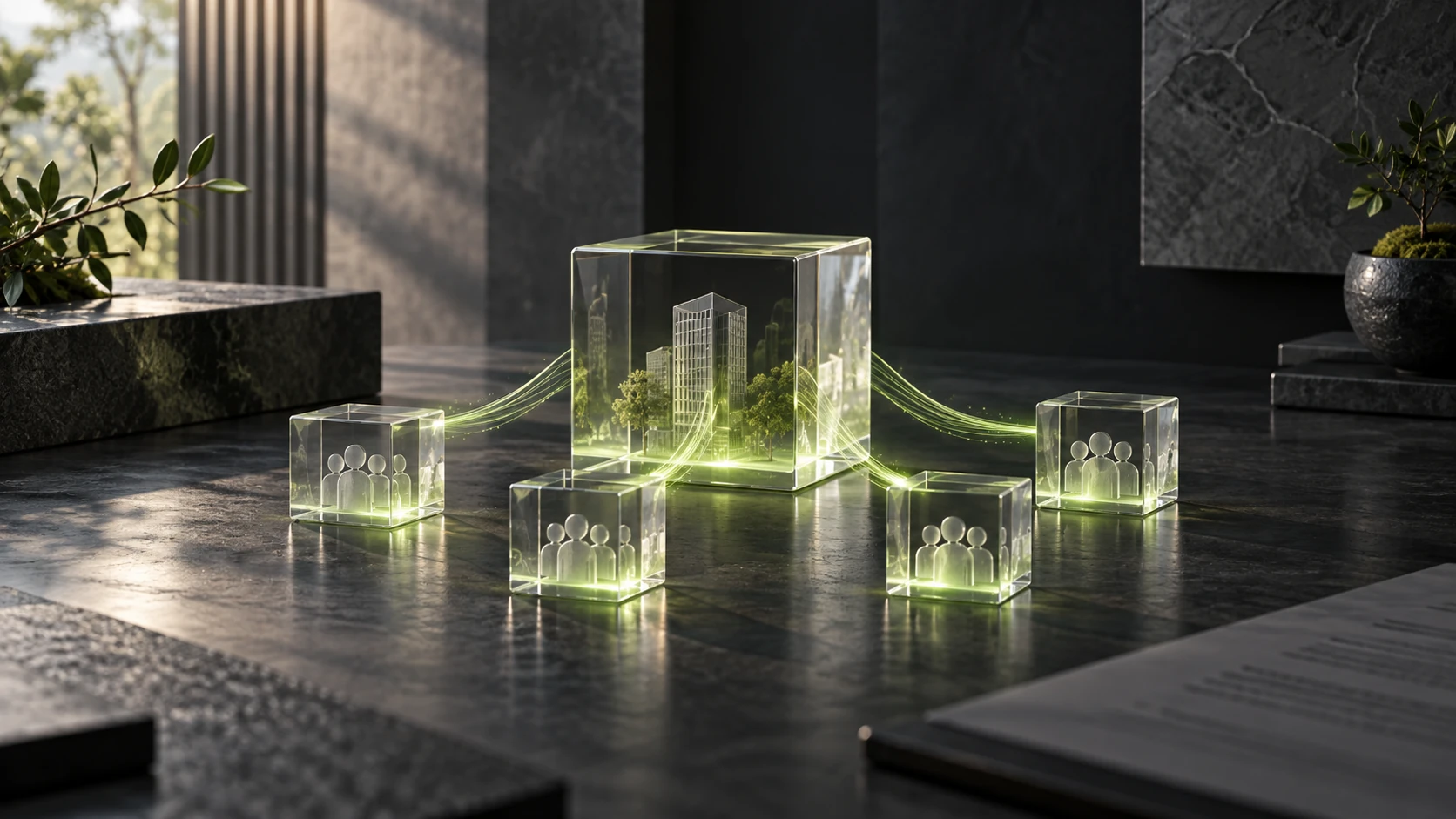 Glass blocks representing company ownership and shareholder distributions in a charcoal setting with green light.