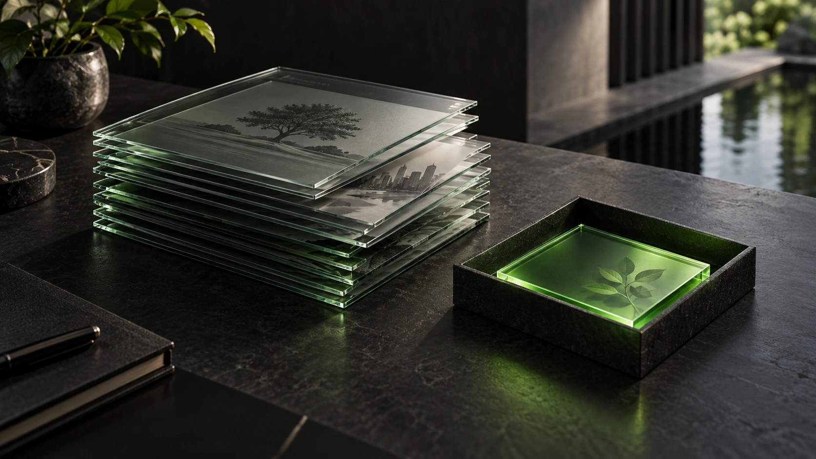 Translucent portfolio sheets beside a small green glass tile in a charcoal setting, representing a Zakat review.