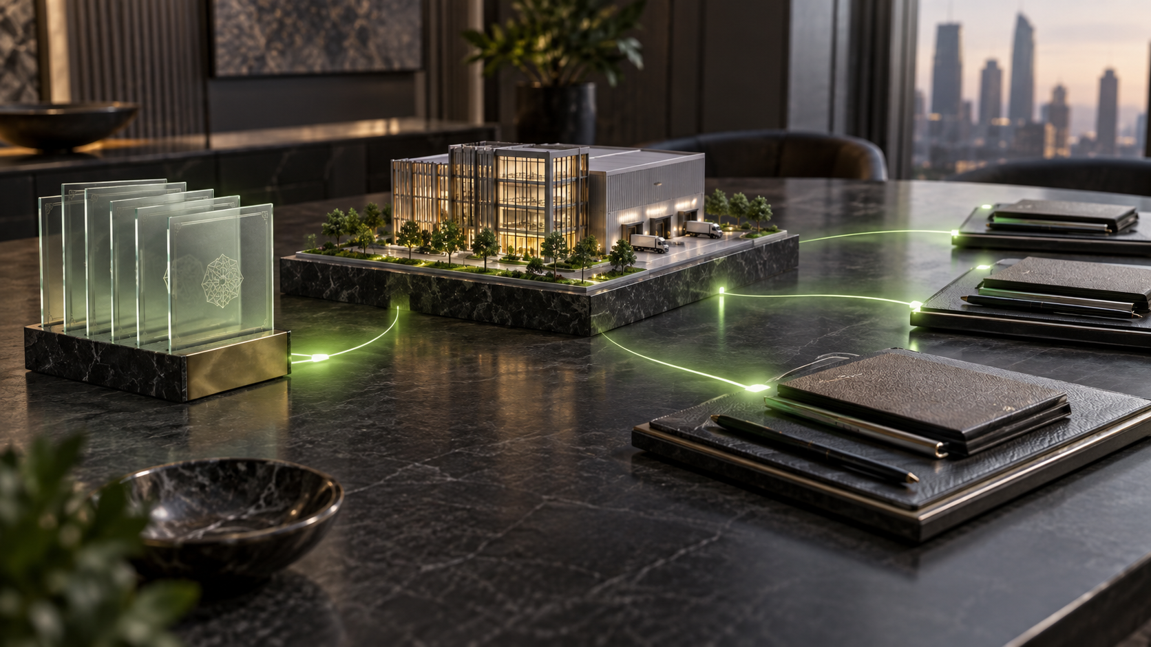 Architectural model of a commercial building linked by green lines to glass investor certificates and deal documents.