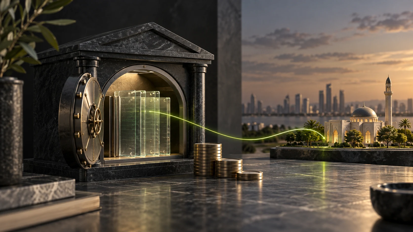 Dark stone vault with translucent savings-account ledgers and a green line linking the account to a community building.