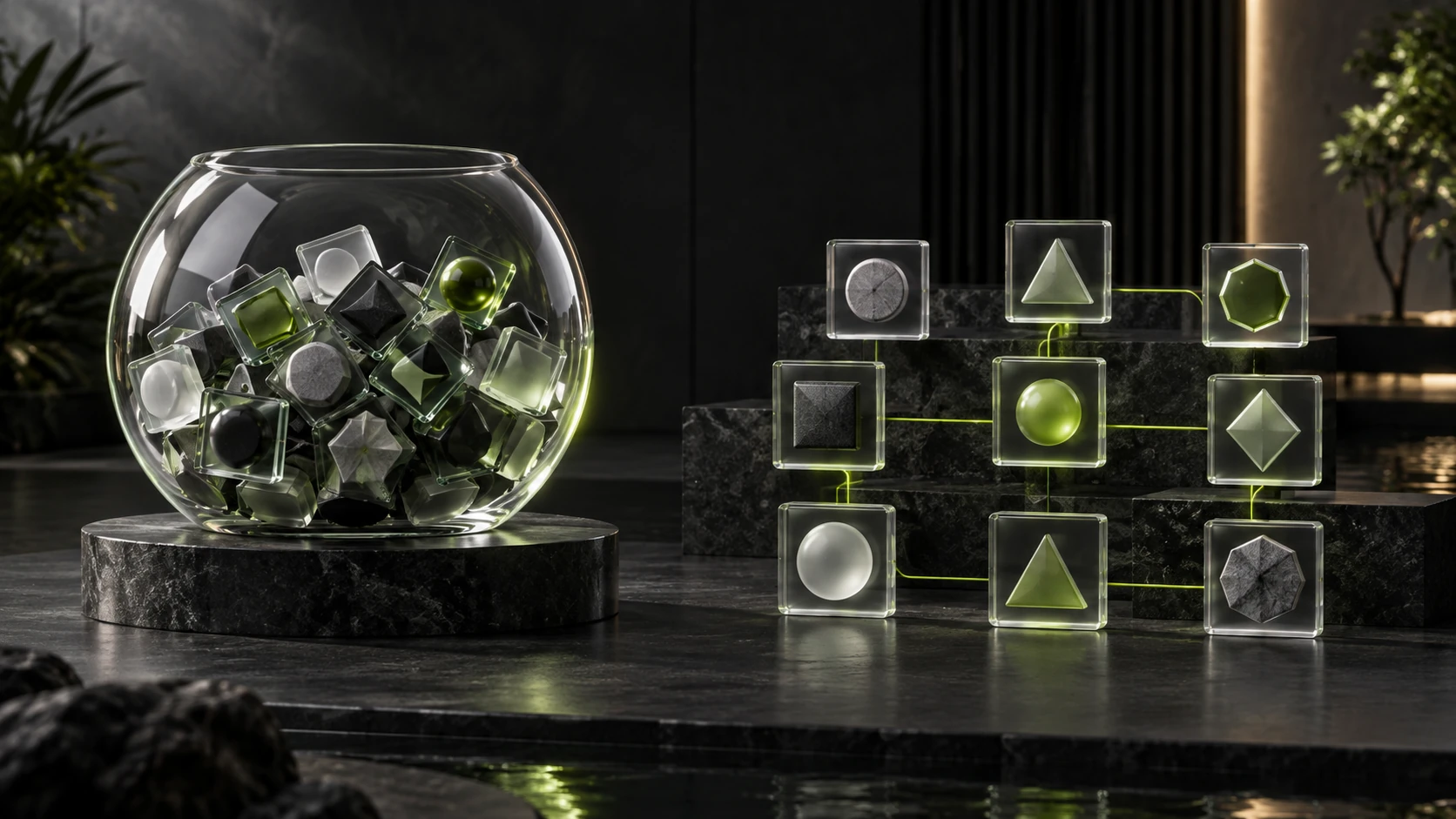 Glass bowl of pooled investment tiles beside a grid of individually held tiles connected by a green line.