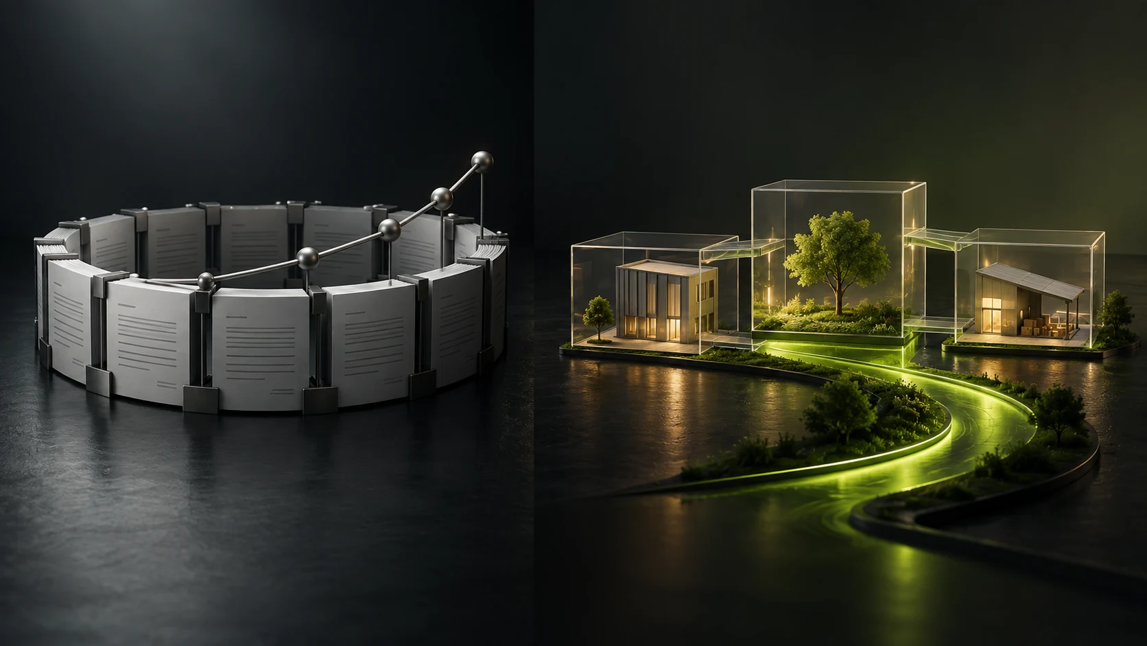 A closed loop of loan documents beside transparent structures representing ownership and productive activity.