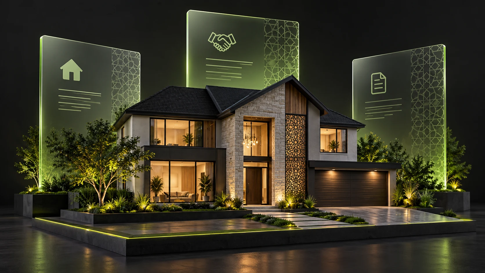 An illuminated home model framed by translucent panels representing different financing agreements.