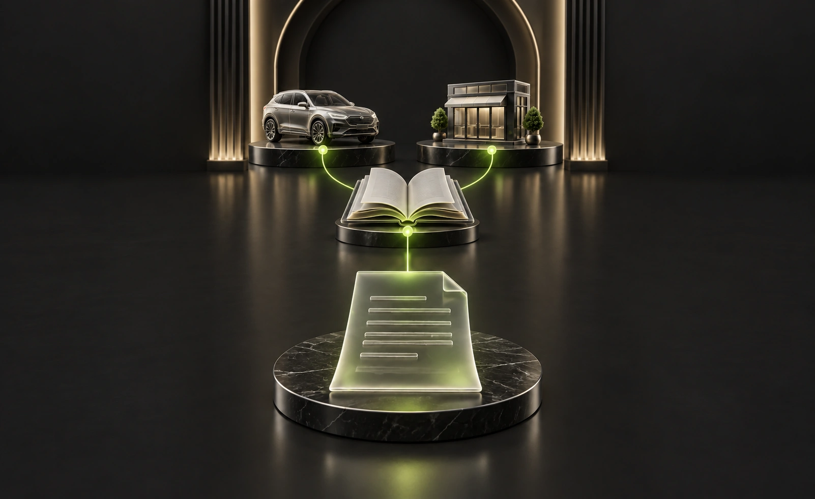 An illuminated contract connected to a vehicle, an open book and a small business building.