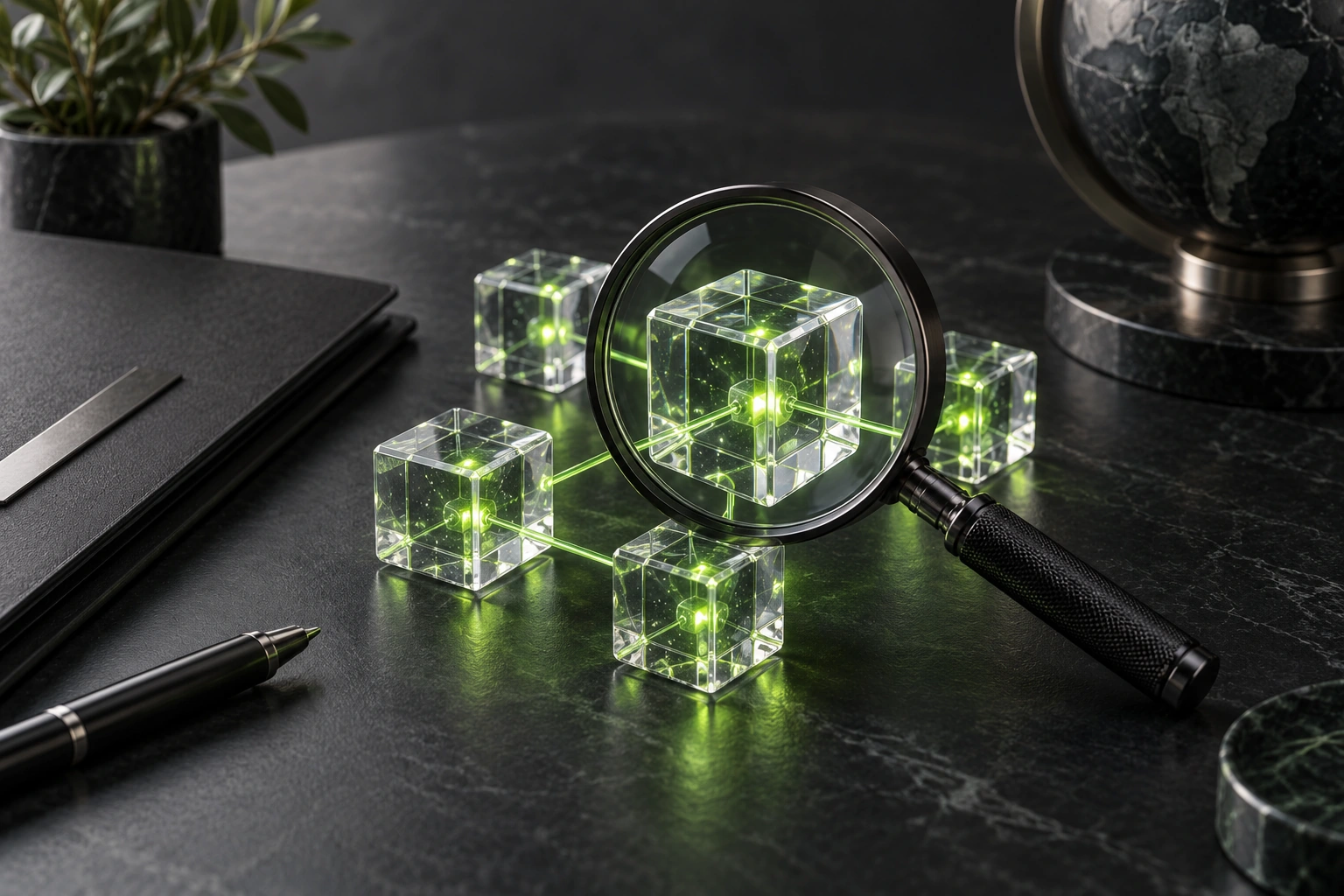 A magnifying glass examines connected glass blockchain cubes beside a contract folder on a charcoal desk.