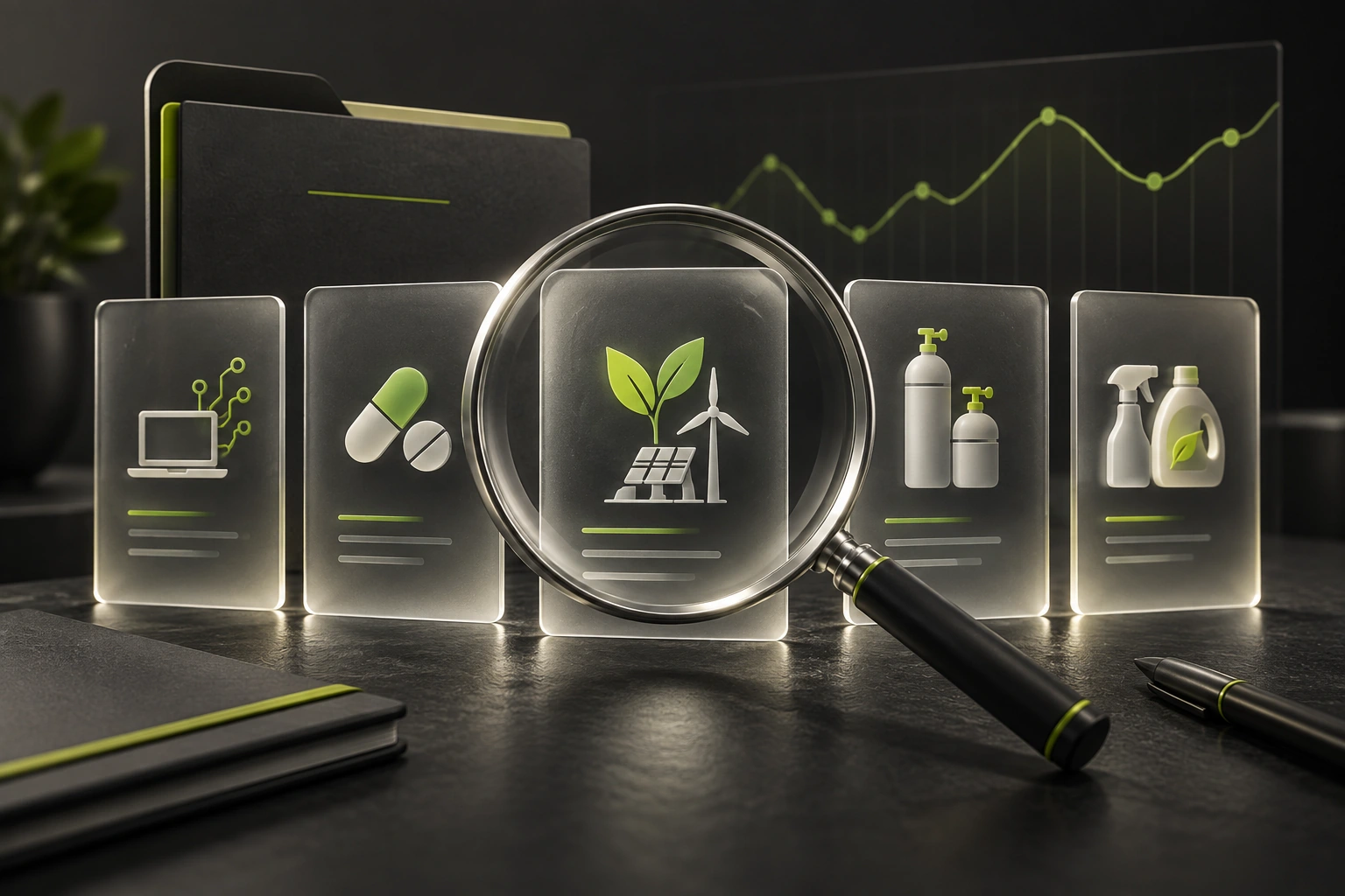 A magnifying glass examines frosted glass business research cards beside a folder and an abstract stock chart.
