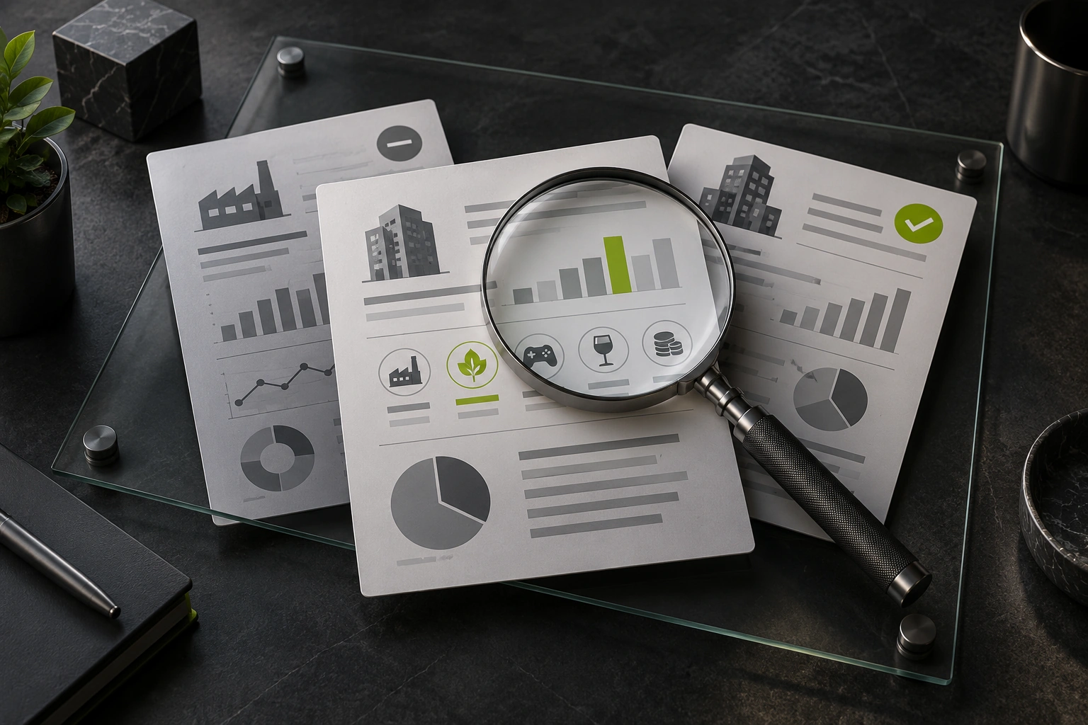 A magnifying glass examines business symbols and financial charts on layered research cards with green and gray status markers.