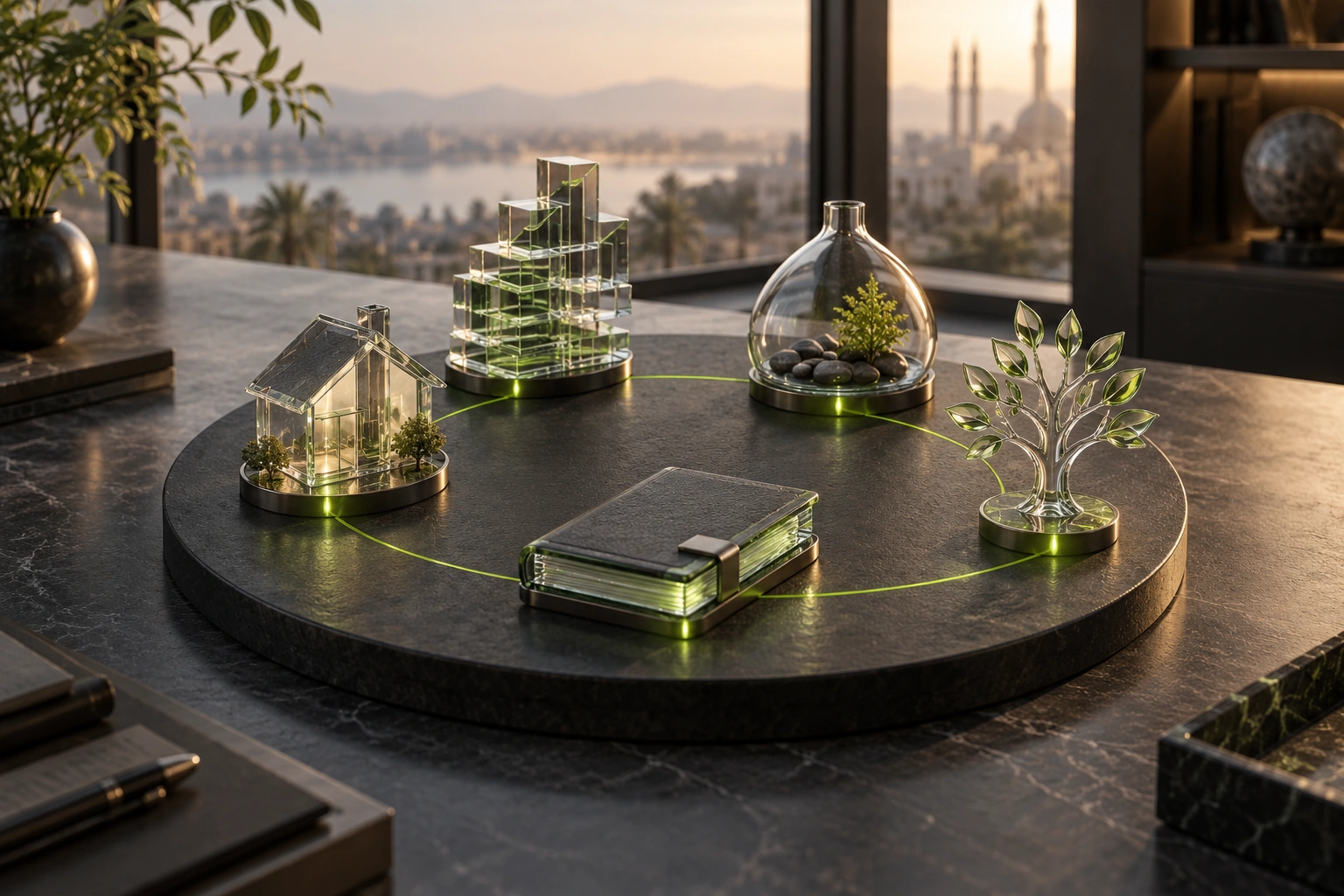 Glass models of a home, investments, cash reserves, family legacy and a planning book connected by a green line on a charcoal platform.