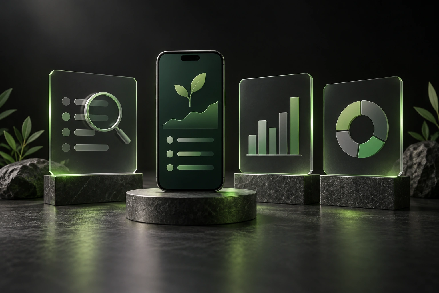 Illustrative smartphone and glass panels symbolizing stock screening, self-directed trading and portfolio management, lit in green on a charcoal surface.