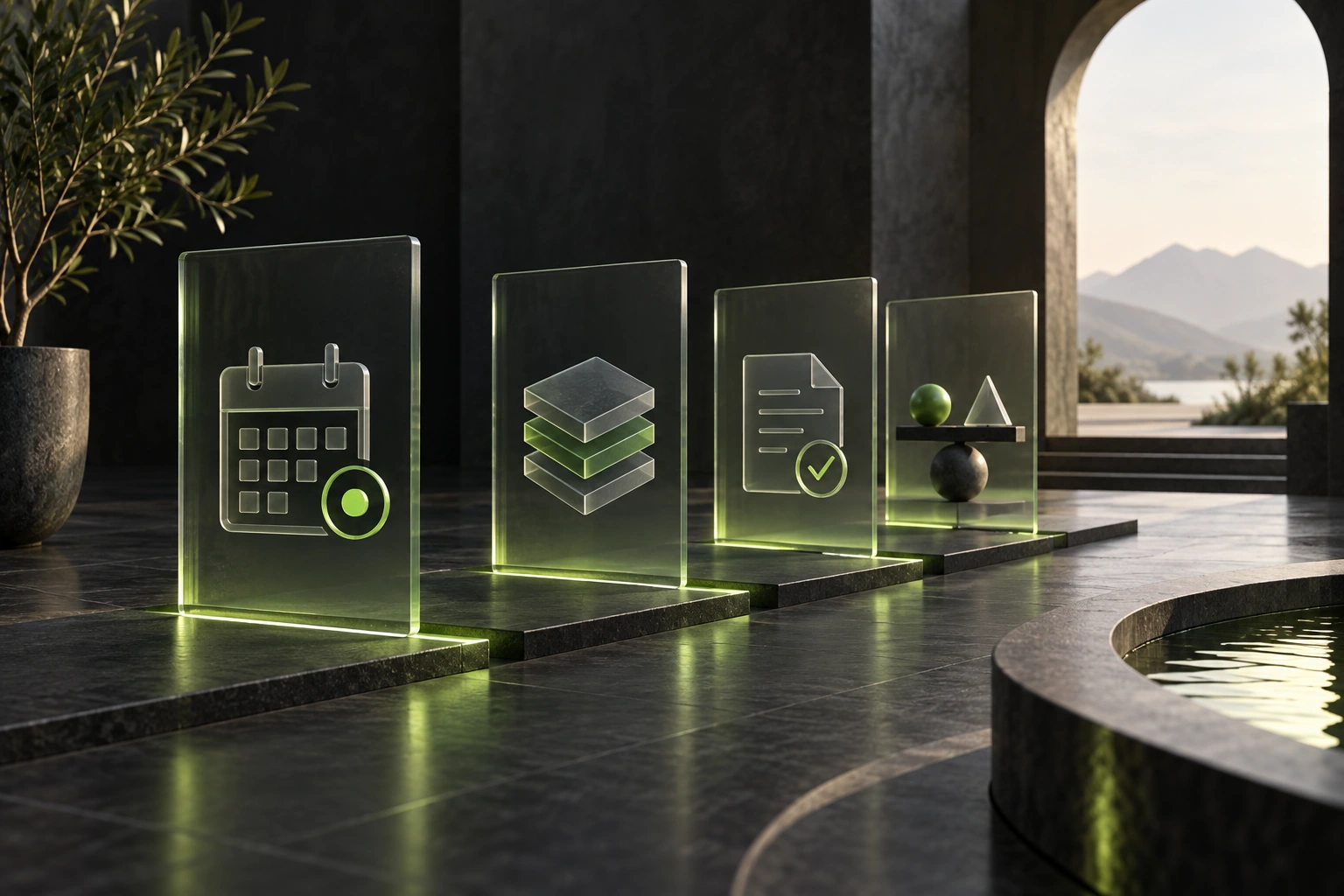 Illustrative glass panels depicting a calendar, ownership layers, a review document and balanced objects along a charcoal pathway with green lighting.