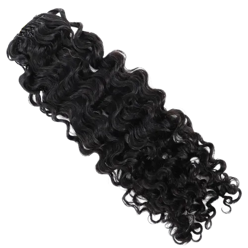 Bundle of long, black, tightly curled hair extensions arranged in a loose bundle.
