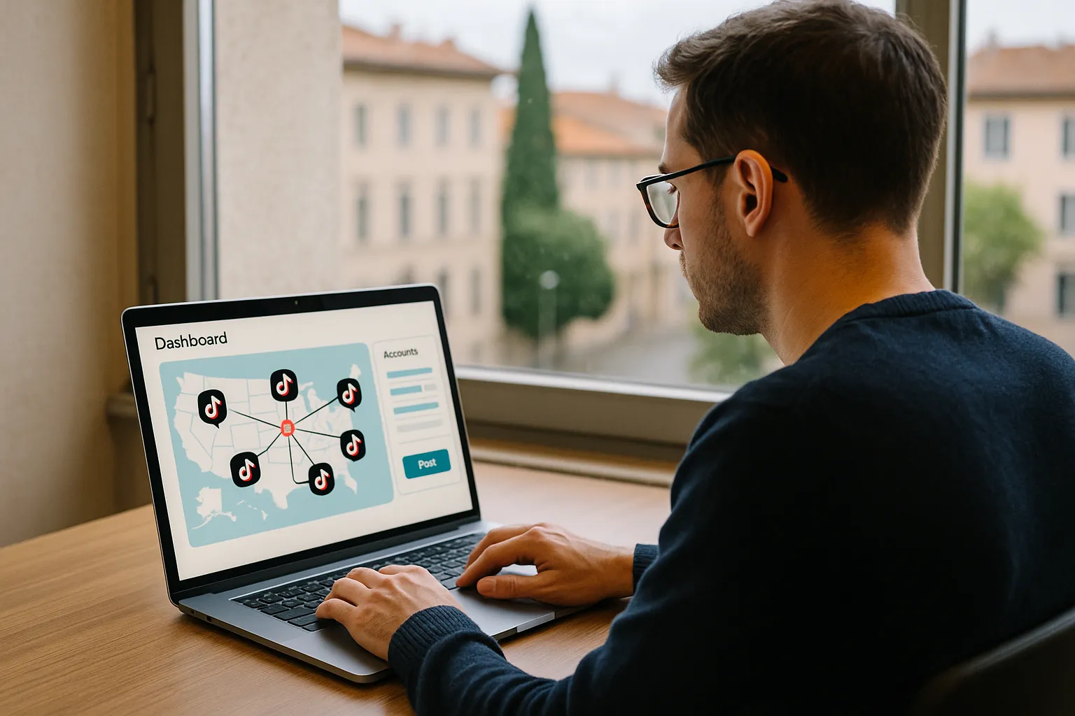 Illustration of a marketer in Europe remotely managing a dashboard that shows several TikTok accounts pinned on a U.S. map, highlighting seamless posting across borders without using VPNs.