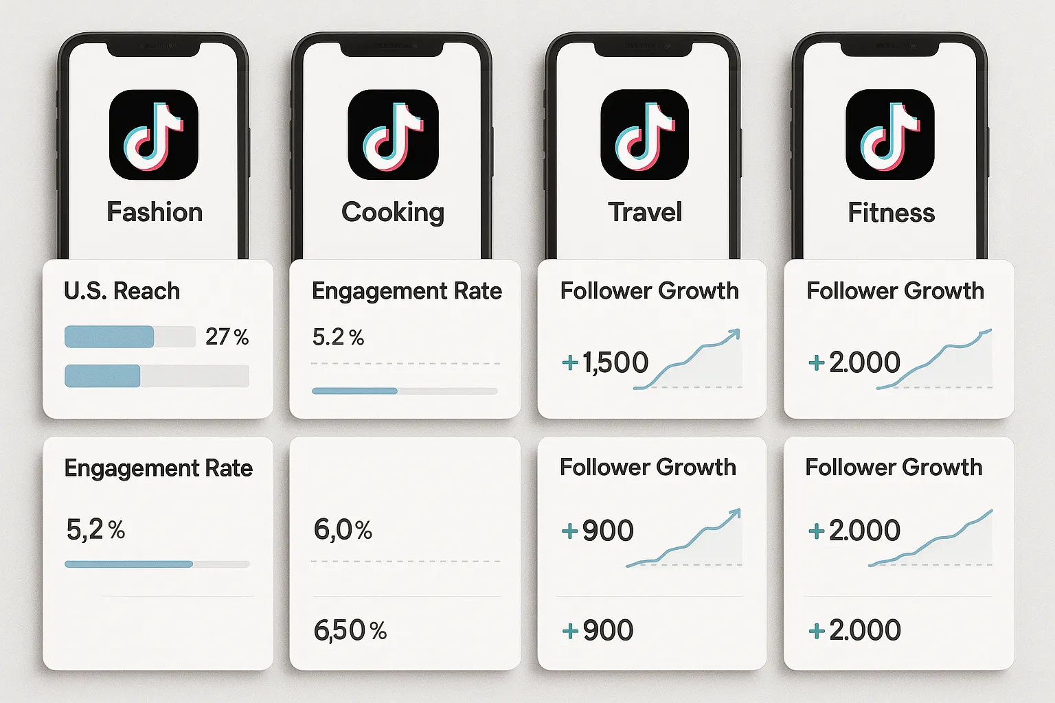 Dashboard view of multiple themed TikTok accounts with analytic widgets comparing U.S. reach, engagement rate, and follower growth, illustrating A/B testing at scale.