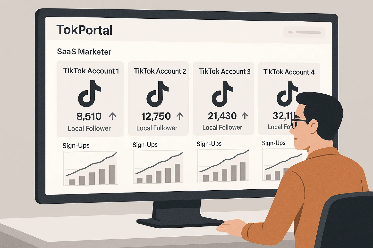 A SaaS marketer looking at a TokPortal dashboard that shows four TikTok accounts side-by-side, each with local follower counts rising, while analytics charts display sign-up growth.