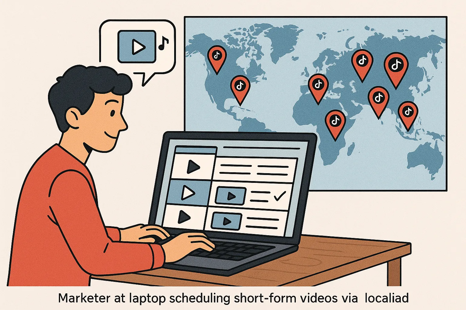 Illustration of a marketer at a laptop scheduling short-form videos while a world map shows multiple pinned locations, representing simultaneous posting to localized TikTok accounts.