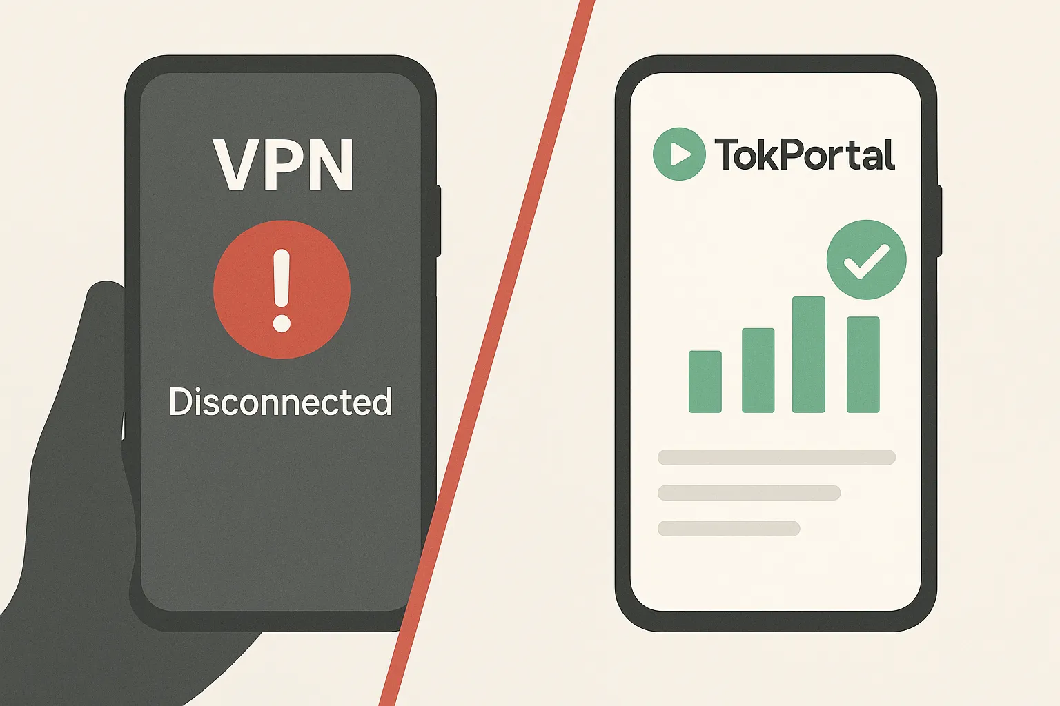 Split-screen graphic showing a failed VPN setup (red warning icon over a smartphone) versus a clean TokPortal dashboard with green analytics bars.